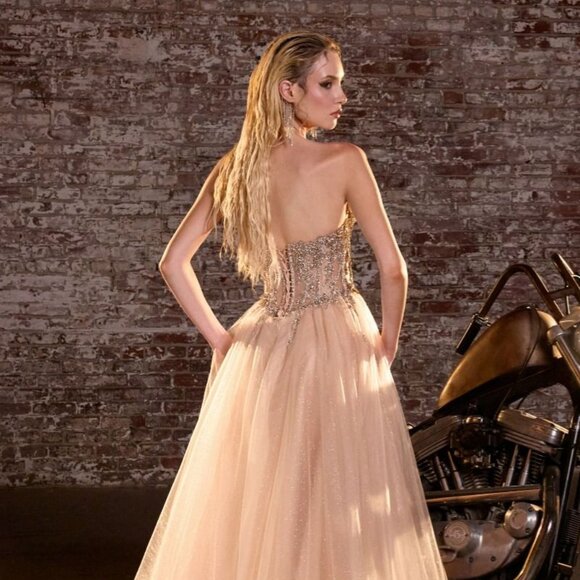 New Gold Strapless A-Line Tulle Beaded Dress w/ Lace Up Back & V-Neck CD721 - Picture 7 of 9